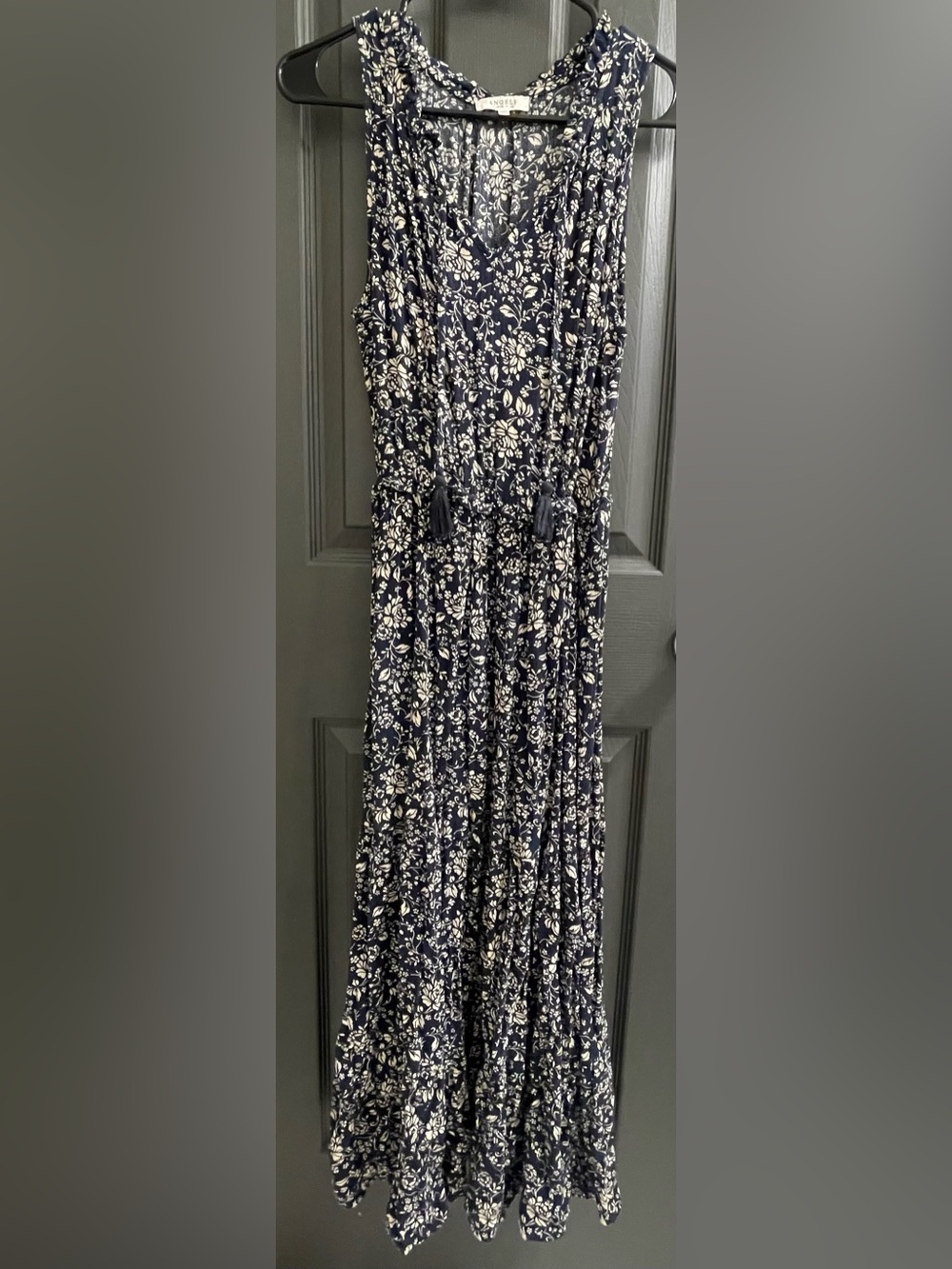 Angels Navy and White Floral Maxi Dress with Tassel Tie